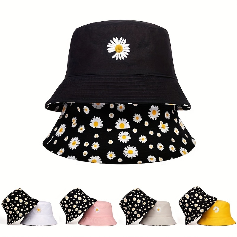 Bucket Hat Embroidered - Summer Daisy Double-Sided Bucket Hats Women's