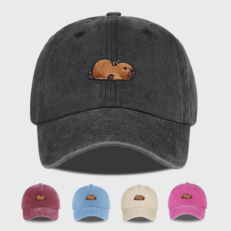 Bucket Hat Embroidered - Multi-color Washed Capybara Embroidered Baseball Cap
